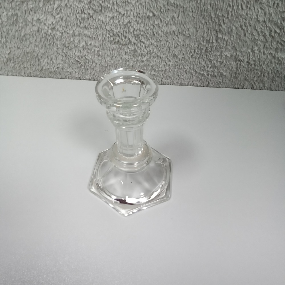 Clear Pressed Glass Hexagonal Taper Candlestick Holder‎ Fluted Column 4.5 Inch